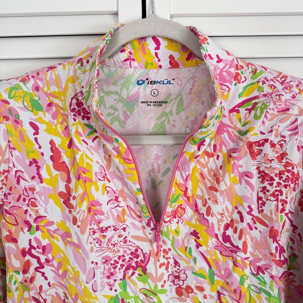IBKUL Mock Neck Zip Long Sleeve Shirt Cat Cay Pink Golf Tennis Pickleball Large - Picture 2 of 5